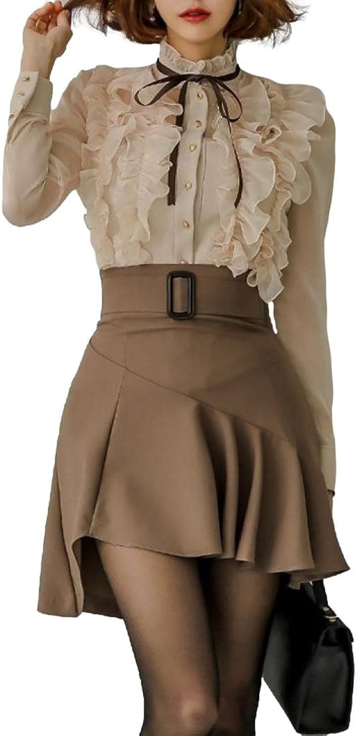 キャバドレス ミニドレス クラブドレス パーティードレス ワンピース フレア セットアップ ブラウス リボン フリル 長袖 ボタン ウエストマーク レディース(ベージュブラウン, M)