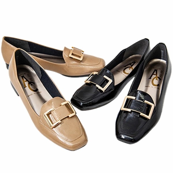 neue ar he AC エーシー 7490 レディース パンプス 日本製 エナメル加工 3E スクエアトゥ バックルストラップ ゆったり 幅広 ふかふかインソール お洒落 楽 綺麗め