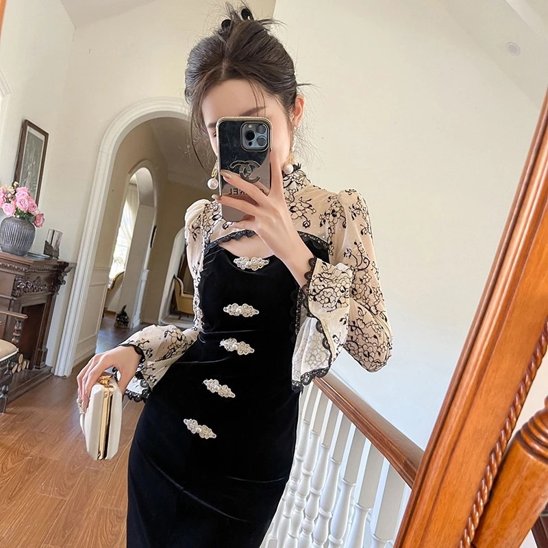 【激安本日限定】新しい中国風チャイナドレス 2025 冬中国風デザイン中空ベルベットヒップドレス 30716-Q250419-1639