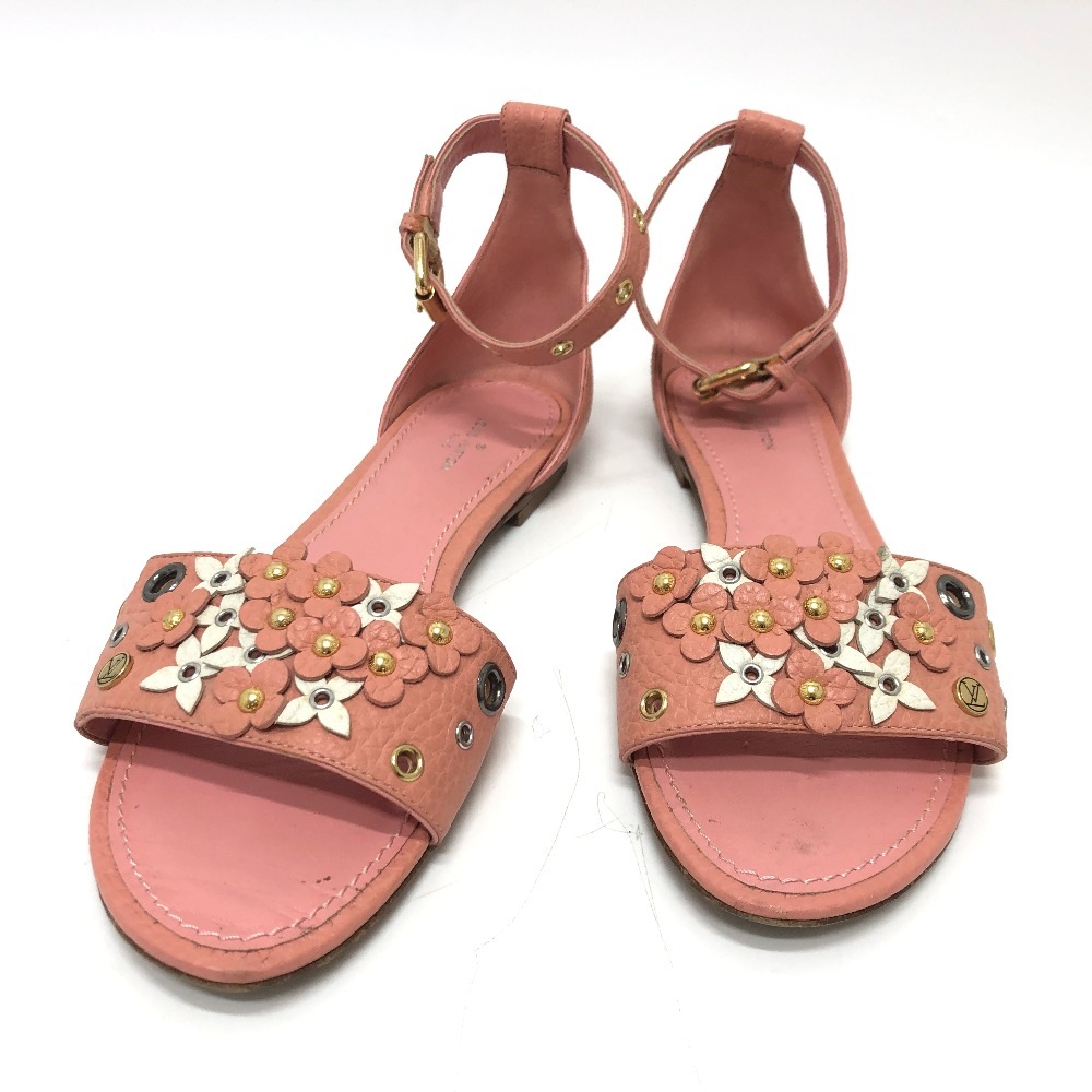 サンダル フラワーモチーフ フラット レザー ピンク