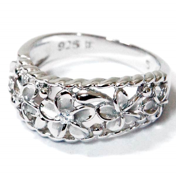 ハワイアンジュエリー リング プルメリア 花 グラデーション クリアジルコニア 透かし スパイラル レディース シルバー925