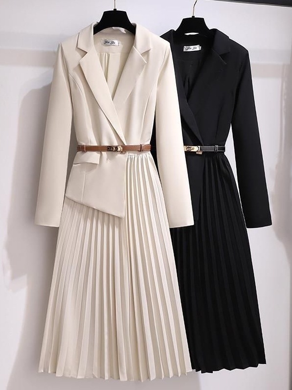 【人気沸騰】 一枚で視線を奪う 通勤/OL フェイクレイヤード ギャザー 折襟 ロング デートワンピース