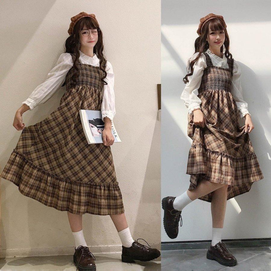 着痩せ可愛い通学同窓会秋冬新作少女吊りスカート２点セットチェック柄フリル襟ワンピースマキシ丈スカート+長袖ブラウスロリータ風Aライン