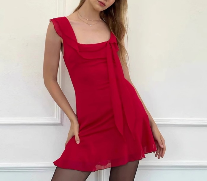 レディース ワンピース ドレス ドレス ミニ ノースリーブ フリル袖 タンクトップ スクエアネック 襟なし ノーカラー アシンメトリー セミフレア タイト 細身 ドレープ リボン 透け感 薄手