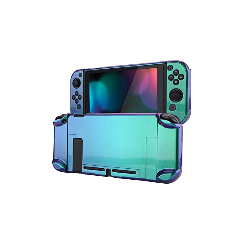 Switchコンソール対応グロッシーバックカバー分離可能プロテクタードッキング可【カメレオン緑紫】