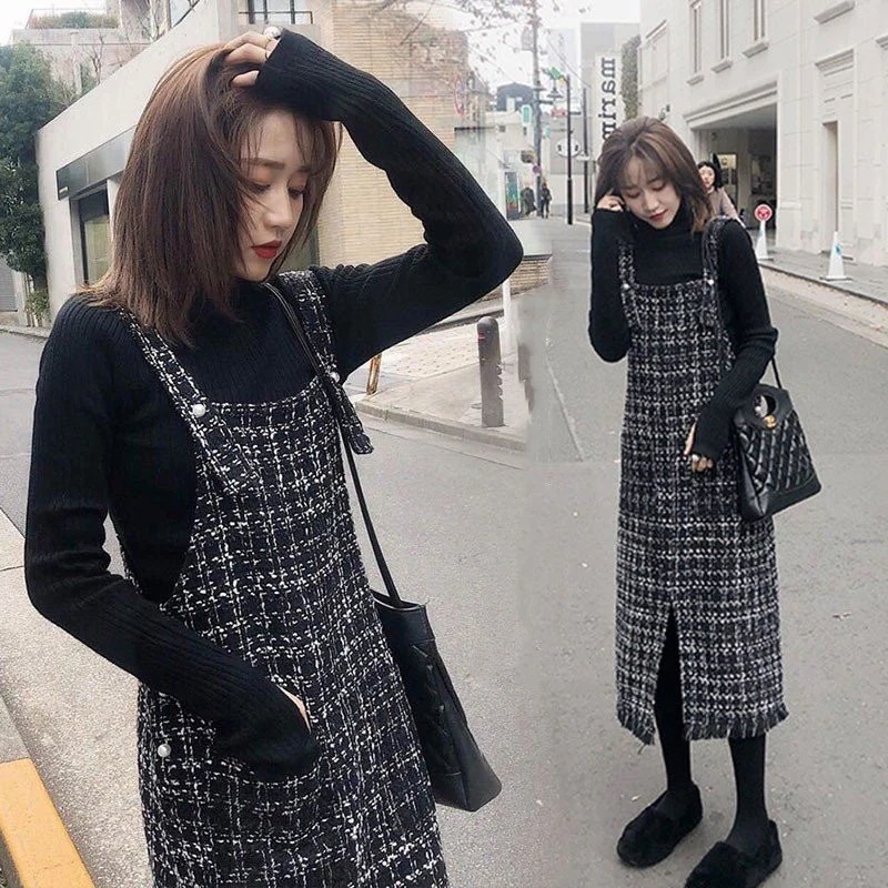 セットアップレディース２点セットワンピース秋冬チェック柄ハイネックオールインワントッ