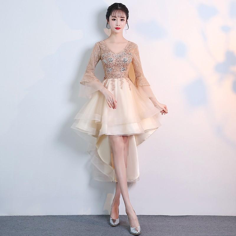 パーティードレス フィッシュテール ビジュー ワンピースドレス ミニ丈 七分袖 フレア袖 花柄 Ａライン 小さいサイズ 韓国 セクシー エレガント 大きいサイズ 3l-679