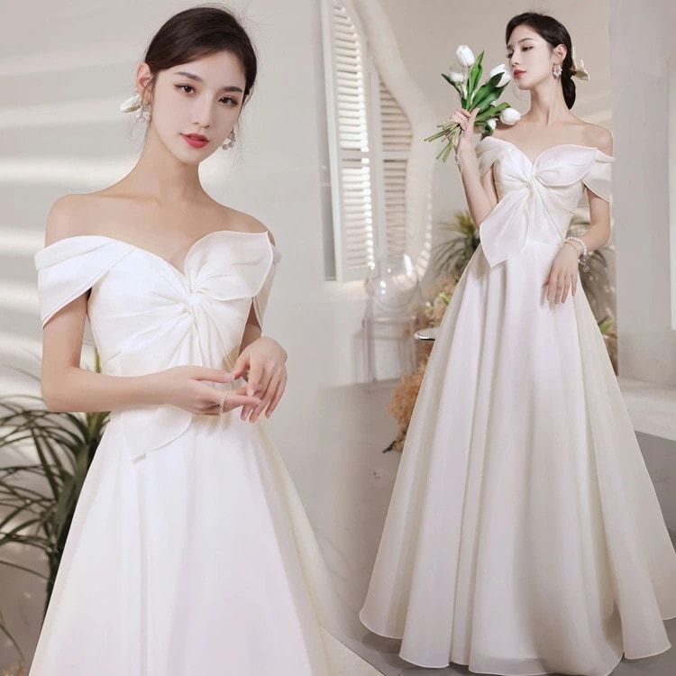 二次会ドレス ウェディングドレス オフショルダー サテン ドレス 白 Vネック リボン フレア オシャレ ロングドレス 結婚式ドレス 花嫁ドレス Aライン ウェディング 海外挙式 披露宴 XS S M