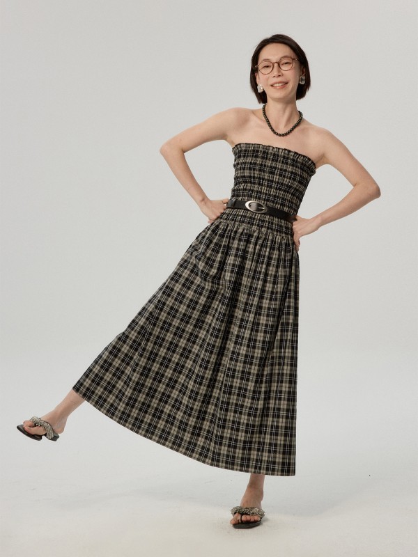 オモント エッグタルト ホーム レトロ チェック柄 チューブトップ ドレス 春 新作 ウエスト ノースリーブ ミディアム丈 スカート