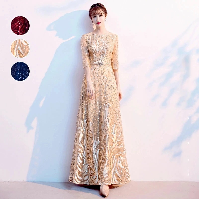 6月の新製品夏の新着商品 カラードレス ファスナー パーティードレス フォーマルドレス ロングドレス 結婚式 二次会 発表会 Vネック ゴールド ネイビー ワインレッド キラキラ 赤 金 紺色 ゲスト