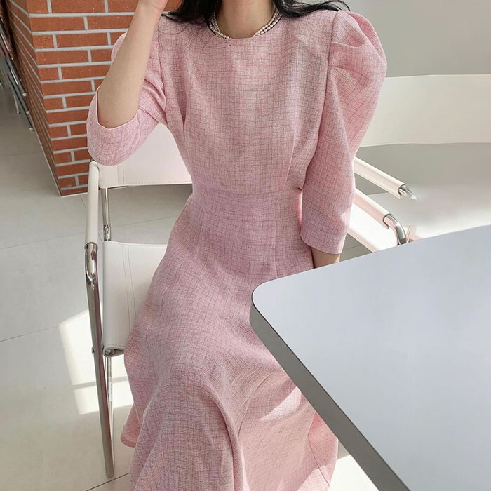 ワンピース レディース ロングワンピース ロング丈 マキシワンピース マキシ丈 七分袖 7分袖 パワショル パワーショルダー ハイウエスト フレア チェック柄 チェック ツイード 春 秋 4,858円