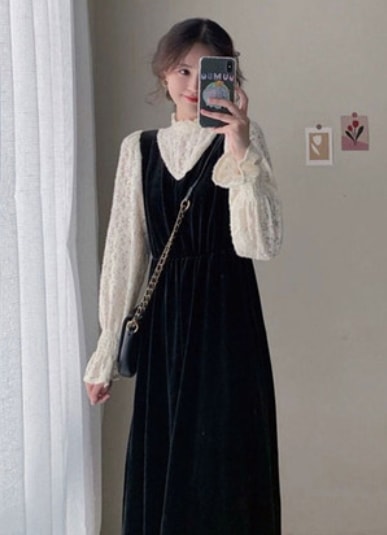 スカート セットアップ ブラウス ジャンパースカート 膝丈 ひざ丈 膝下 ミモレ ミモレ丈 ミディアム丈 袖なし 長袖 ボリューム袖 フレアスリーブ ハイネック フレア Aライン レース フリル