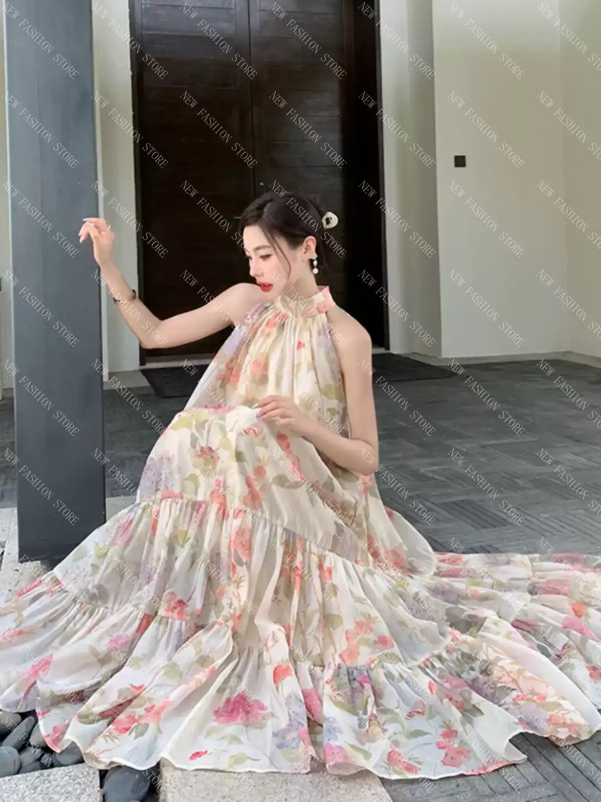 ワンピースノースリーブネックビーチ夏のスカートロングスカート-77