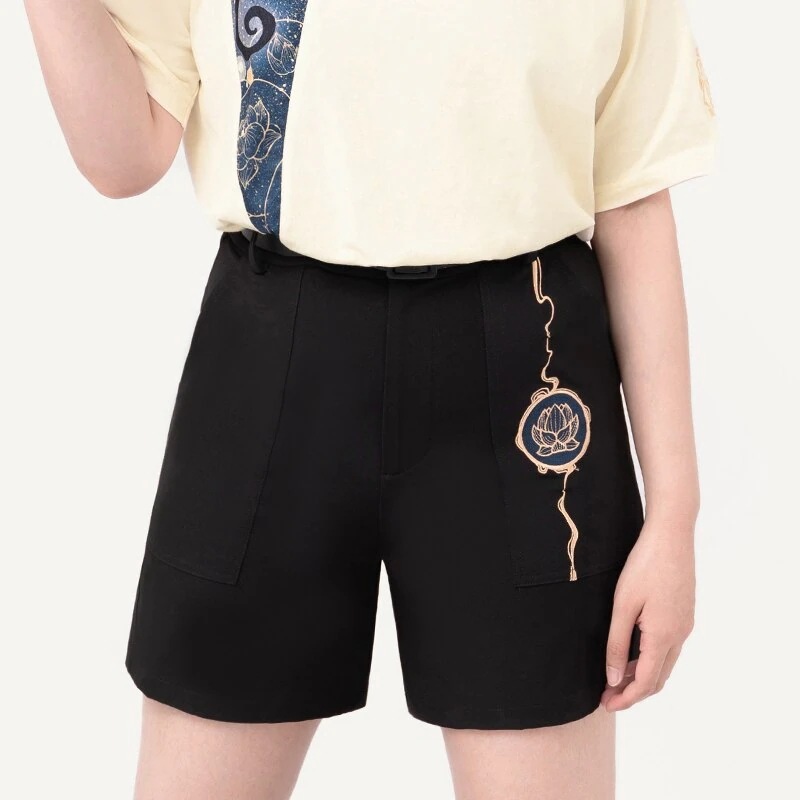 ショートパンツ 黒 レディース 刺繍 ボトムス 蓮 短パン 夏