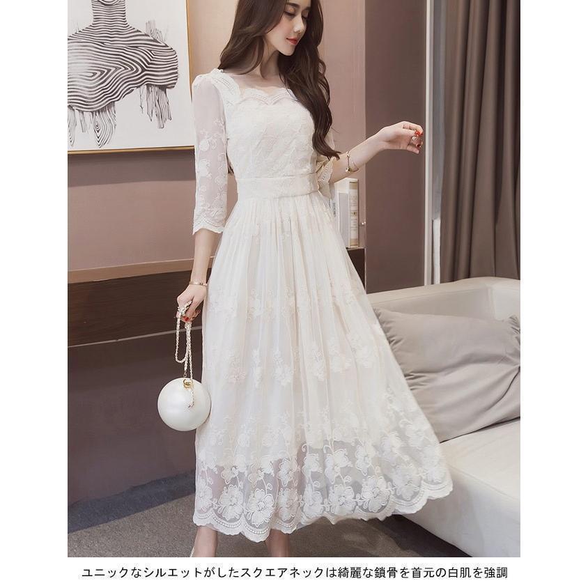 春 夏 ロングワンピ 五分丈袖 レースワンピ 姫系 ワンピース マキシ丈ワンピース ドレス レトロ 半袖ワンピース スクエアネック お洒落 気質アップ