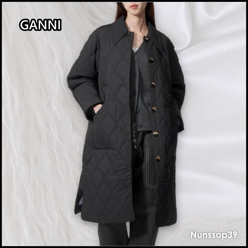 GANNI F9624 099 キルト ラグラン ミディコート