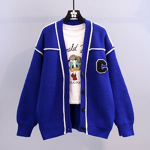 クラインの青いアルファベットのセーターの外套の女の春の2022新モデルの韓版ゆったりと怠惰な風百はカーディガンを合わせる