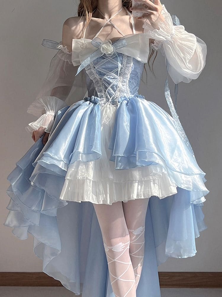 速やかに出荷します~前が短く後ろが長いブルーのロリータドレスドレスデザイン結婚式重工業大きなリボントレーリングプリンセススカート