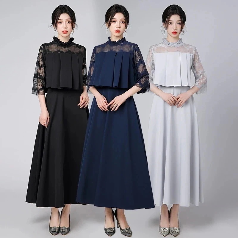 急速出荷mianbaoshu イブニング レース ロングワンピース 七分袖 チュール ドッキング イブパーティー キャバ 着痩せ 大人 同窓会 披露宴 卒業式 結婚式 演奏会 ウェディング 二