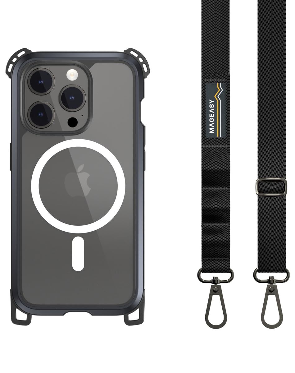 【MagEasy】 iPhone15Pro 対応 ケース 斜めがけ 首掛け 肩掛け スマホショルダー ストラップ/耐衝撃 パーツ 付/MagSafe 対応 耐 衝撃 米軍 MIL規格 クリア 耐衝撃ケ
