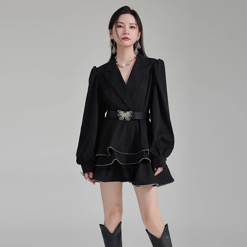 バブル袖スーツワンピース 長袖ドレス 韓国ワンピース