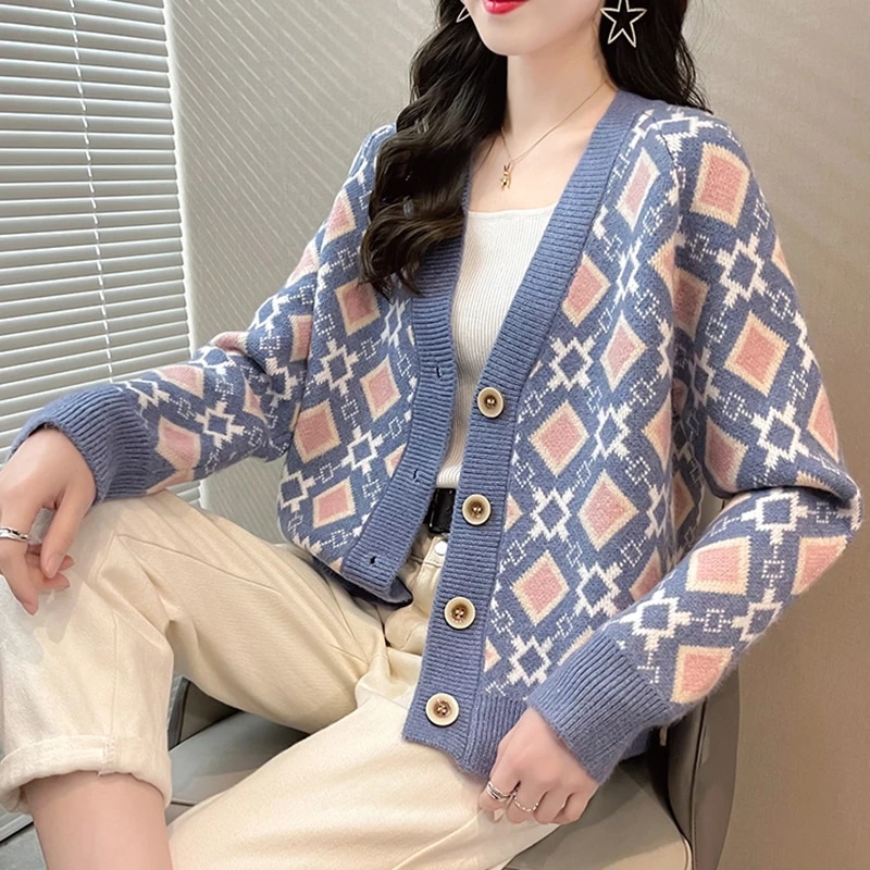 女性用長袖Vネックニットカーディガン,ダイヤモンドセーター,ボタン,ルーズ,シック,ウォーム,韓国ファッション,エレガント,秋冬 - 200000345