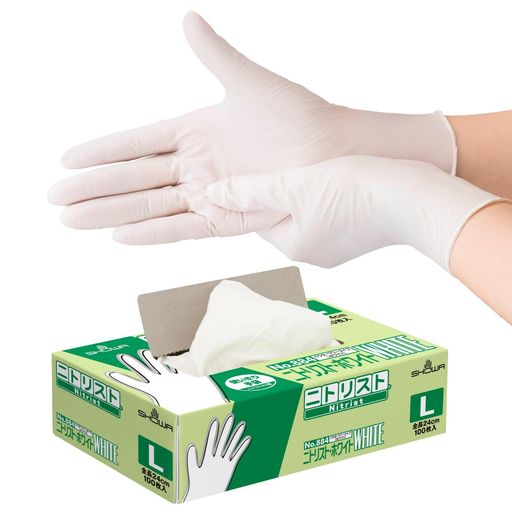 [ショーワグローブ] ニトリル手袋・ケース販売・1,000枚 NO.884 ニトリスト・ホワイト 100枚入 Lサイズ 10函 左右兼用 パウダーフリー ラテックスフリー 食品衛生法適合 使い捨て