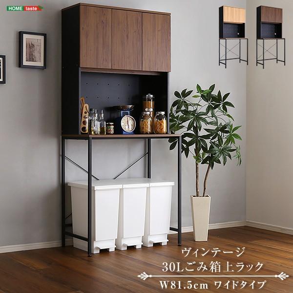ヴィンテージ風 ごみ箱上 収納ラック 幅81.5cm ワイドタイプ レンジ台 ダストボックス 扉付上棚 コンセント 可動棚