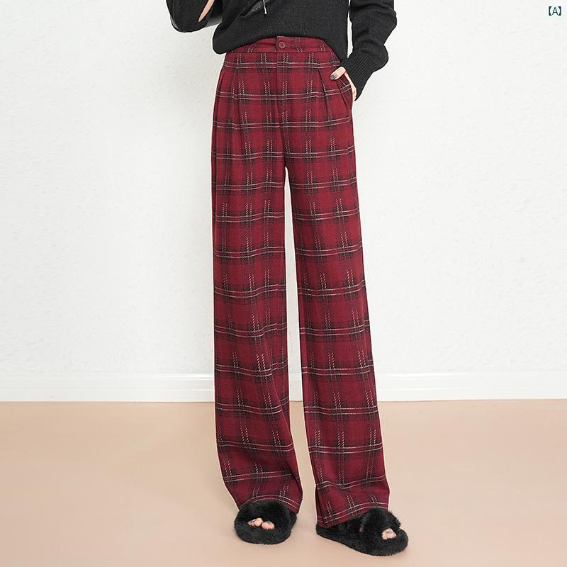 レディース　ファッション　オシャレ　シンプル 秋冬 ウール チェック柄 ワイド レッグ パンツ ハイウエスト スリム ストレート 小柄め カジュアル フロア レングス