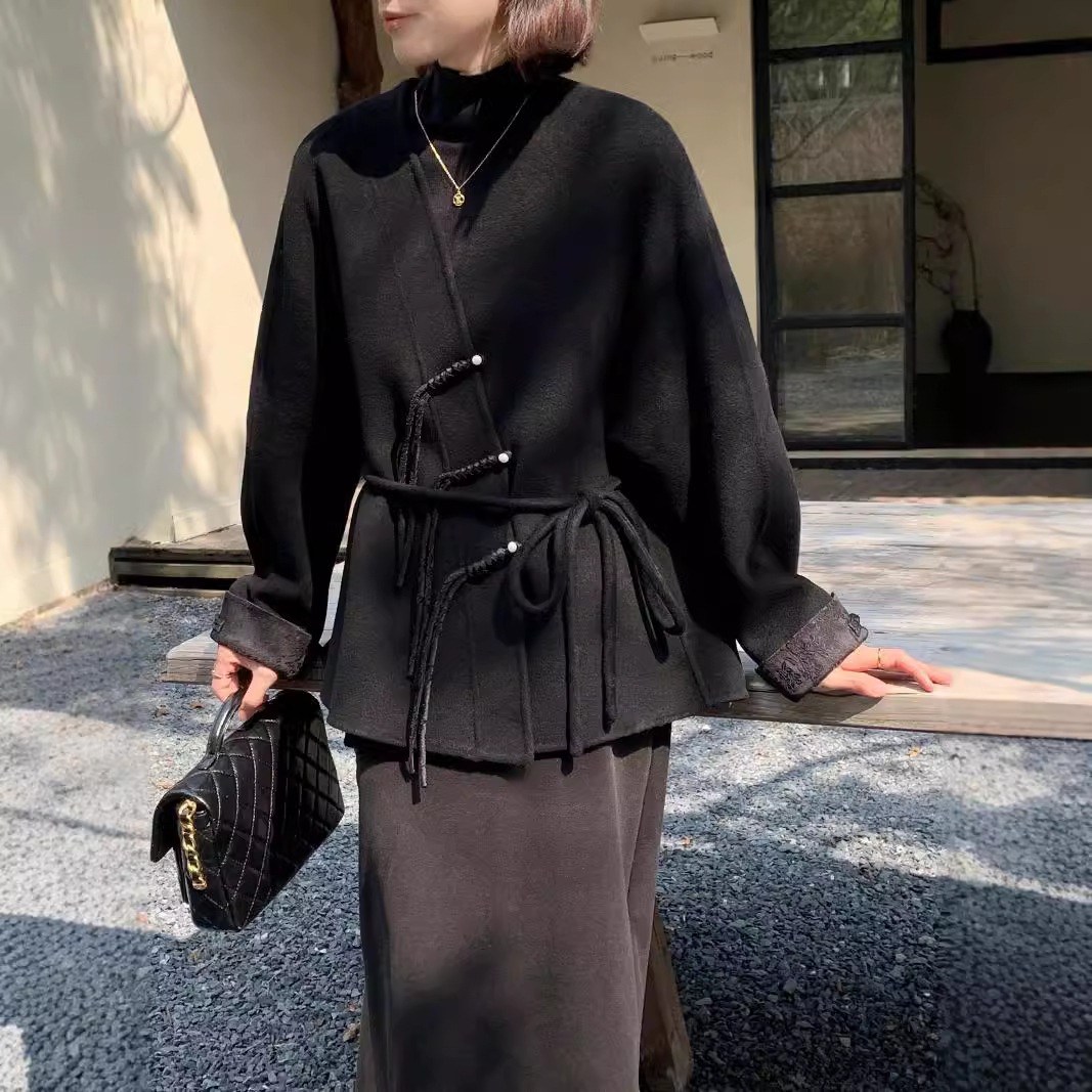 6153 高級な新しい中国風ボタン付きレースウールコート女性用ゆったりスリムな無地ウールコート