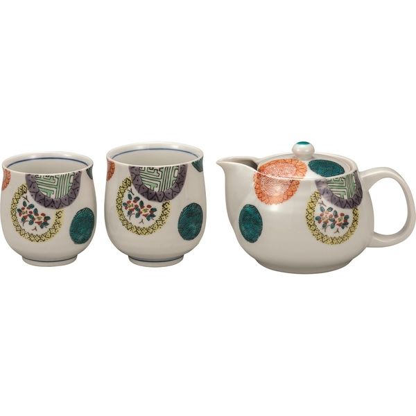 九谷焼 くつろぎ揃 色絵丸紋（網付） 急須セット 紙箱入　誕生日 母の日 父の日 敬老の日 退職祝 結婚祝 内祝 出産祝 ギフト 歳暮 中元 プレゼント