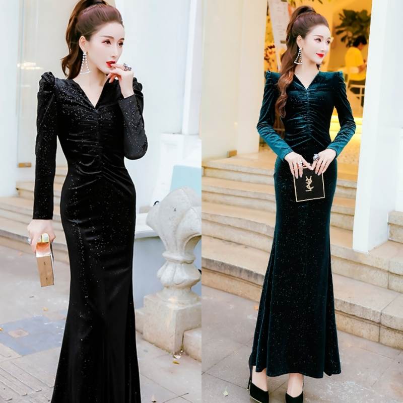 『SNS人気話題』3色 キャバでドレス ロング セクシー 大胆 無地 タイト ワンピ おしゃれ Vネック 光沢 ゴージャス カシュクール ラメ 長袖 マーメイドライン フレア キャバ嬢 ドレス きれい