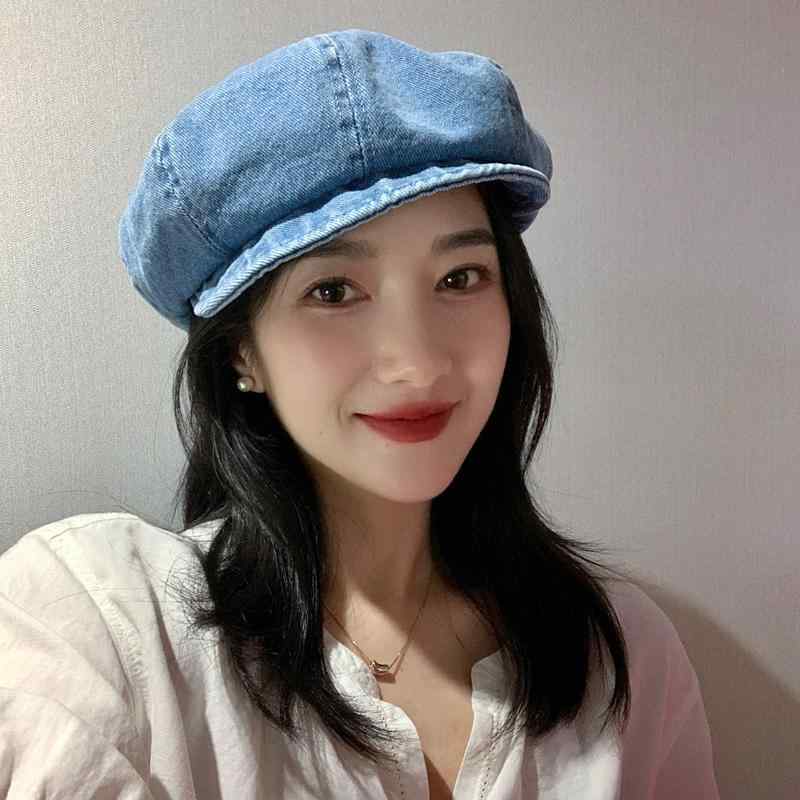 秋冬 コーデ レディース ファッション オシャレ アイテム カワイイ シンプル 大人カワイイ レトロ ツバ付き ウォッシュデニム ベレー帽 画家 八角 帽子