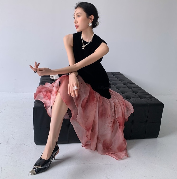 【送料無料】レディース ワンピース ノースリーブ フレア フリル 異素材MIX 切り替え