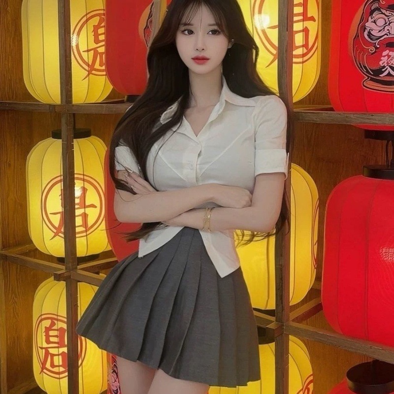 【1つ買うと10つ無料】Jkユニフォームショートスリーフホワイトシャツレディースカレッジスタイルソリッドカラーセクシーなシャツハイウエスト2ピーススーツ