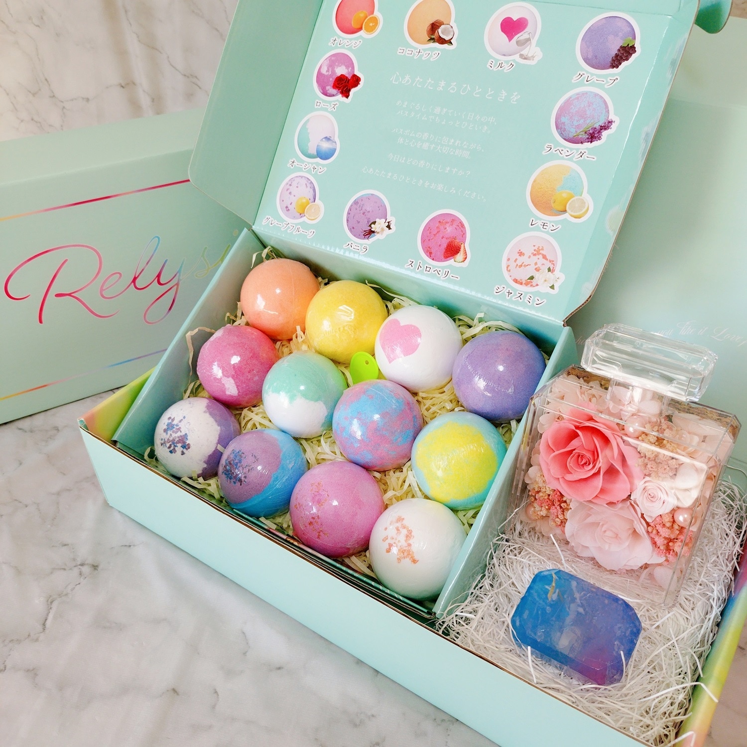 【ギフトセット】Relysia バスボム プリザーブドフラワー 宝石石鹸 3点セット