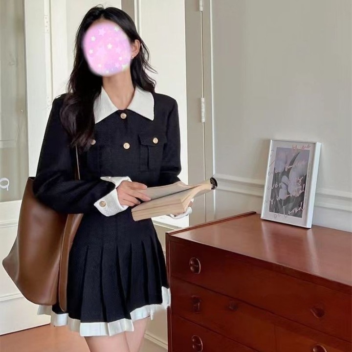 セットアップ スカート プリーツ 2点セット オルチャン ジャケット ミニ レディース 韓国 ブラック ブラウン 黒 茶色 上着 ミニスカート 膝上 長袖 襟付き スリム 細身 ポケット