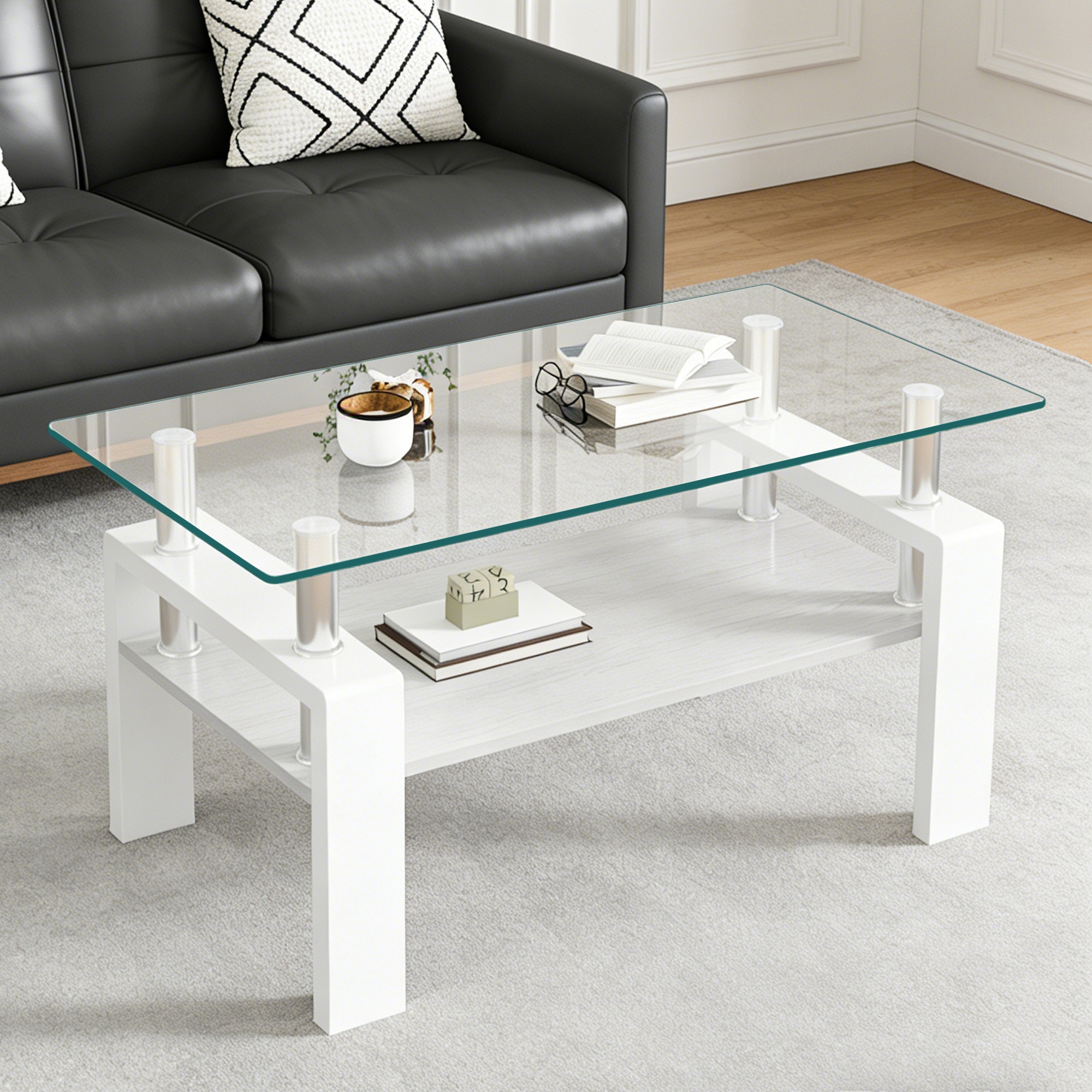 【国内倉庫在庫急速出荷】モダン長方形コーヒーテーブル 強化ガラス天板+MDF収納棚 リビング用 クリアガラス+ホワイト脚