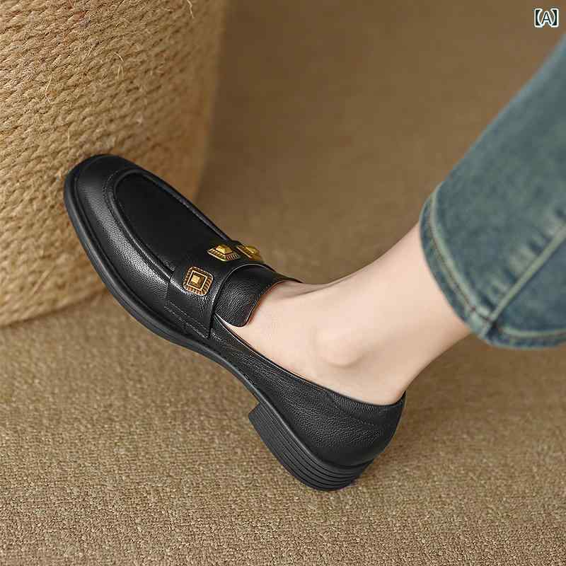 ローファー レディース 通学 通勤 学生 カレッジ 仕事 オフィス 春秋 ラウンドトゥ レトロ ミディアム ヒール 太い ヒール 英国 小さい 革靴 女性 シープスキン シングル シューズ 10,930円