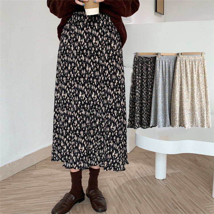 スカート 春 秋 プリーツスカート 花柄 シフォン レーディス ウェストゴム 裏地付き エレガント ロング マキシ きれいめ 二次会 同窓会 お出かけ おしゃれ パーティー 女の子 ファッション 体