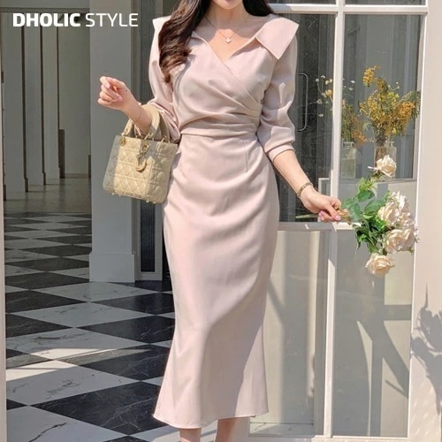 [メガ割りSALE]オープンカラーカシュクールマーメイドワンピース・p519911