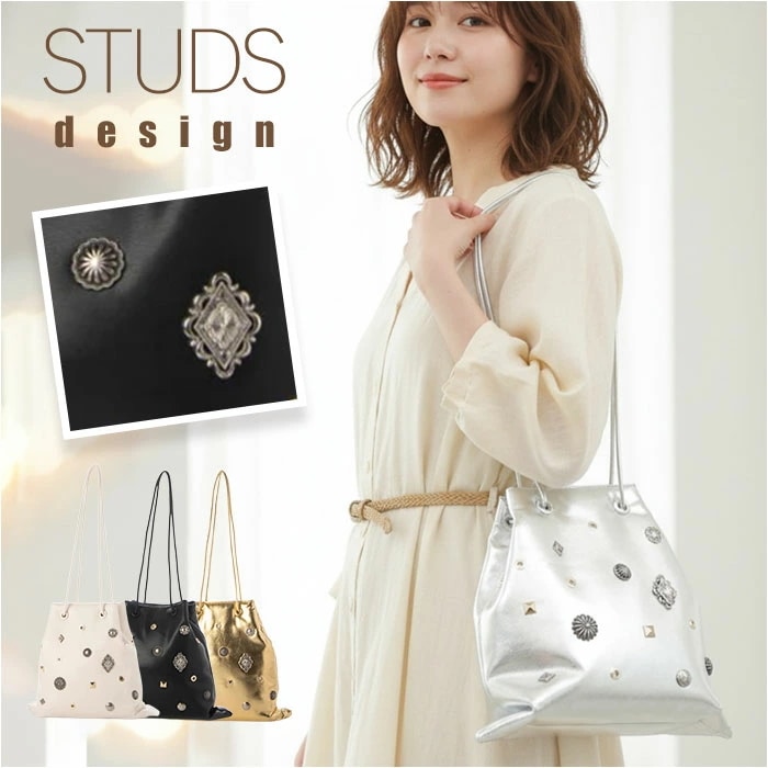 ショルダーバッグ レディース 肩掛け 通販 kakatoo バッグ カカトゥ スタッズボンディングショルダー トートバッグ 2way 斜め掛け フェイクレザー 合皮 ショルダーバック トートバック コ