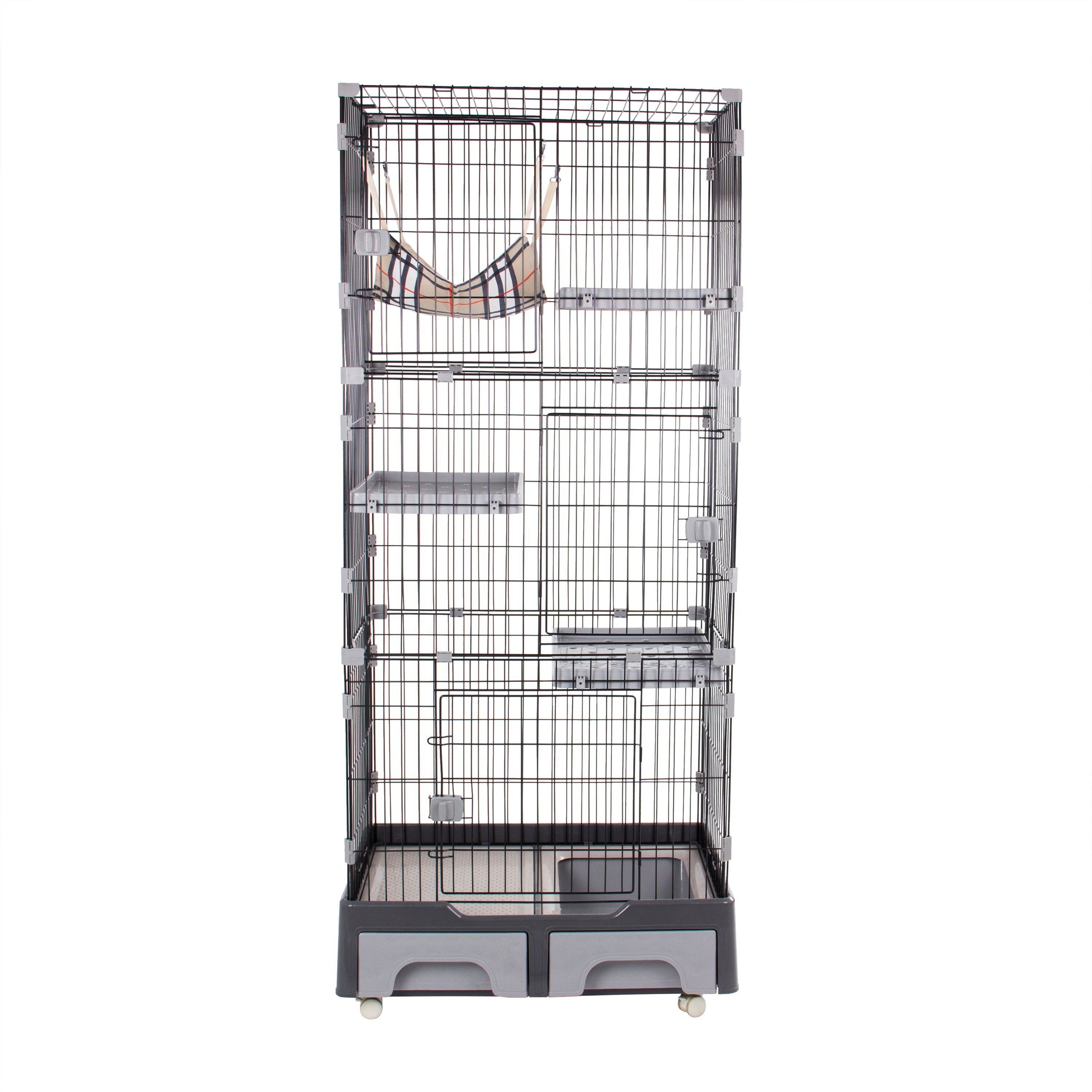 126猫 ケージ トイレ付 ハンモック付 収納型 キャットケージ 3段 1段2段可能 キャスター付 キャットハウス ネコ【グレー】TX294682AAA