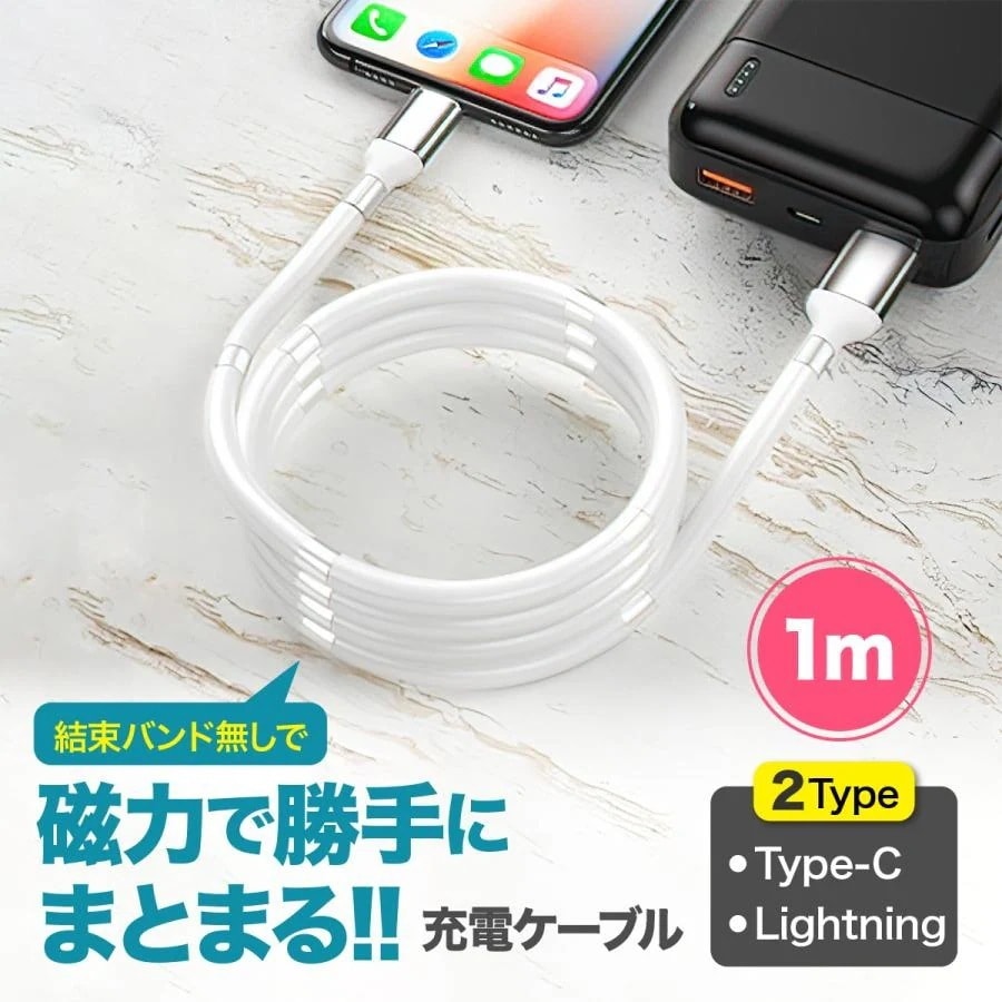 開店SALE iPhone 1m Lightning Type-C タイプC 急速充電 充電ケーブル データ転送 Magtame風 マグネット 磁力