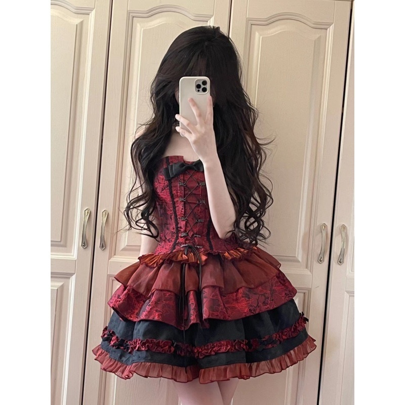 ダークデザインジャカードボウウエストスリミングパフスリーブスーツ