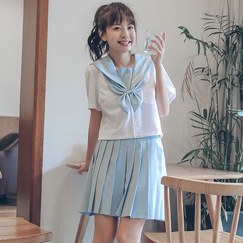 272コスプレ コスチューム 学制服風 シンプル ファスナー プリーツ 可愛い 刺繍 ミニ丈 ライトブルー S M L XL GRAXIA グラシア