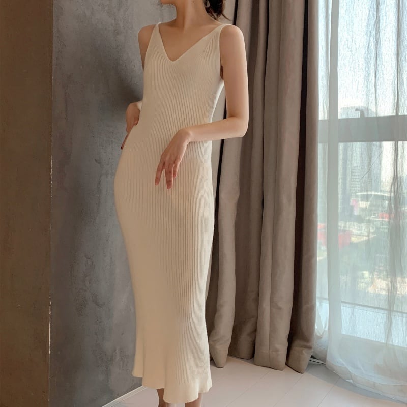 ２color ロングワンピース ニットワンピース キャミソール ニット Vネック