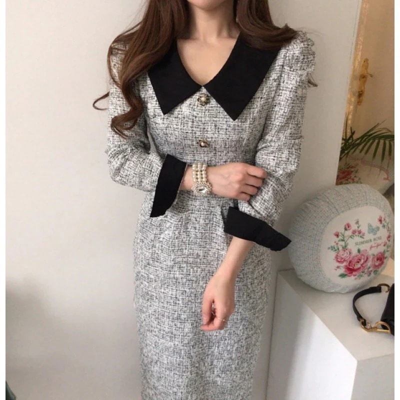 新品追加 ワンピース 韓国ファッション OL レディース ファッション シフォンワンピース エレガント 通勤 コントラストカラー