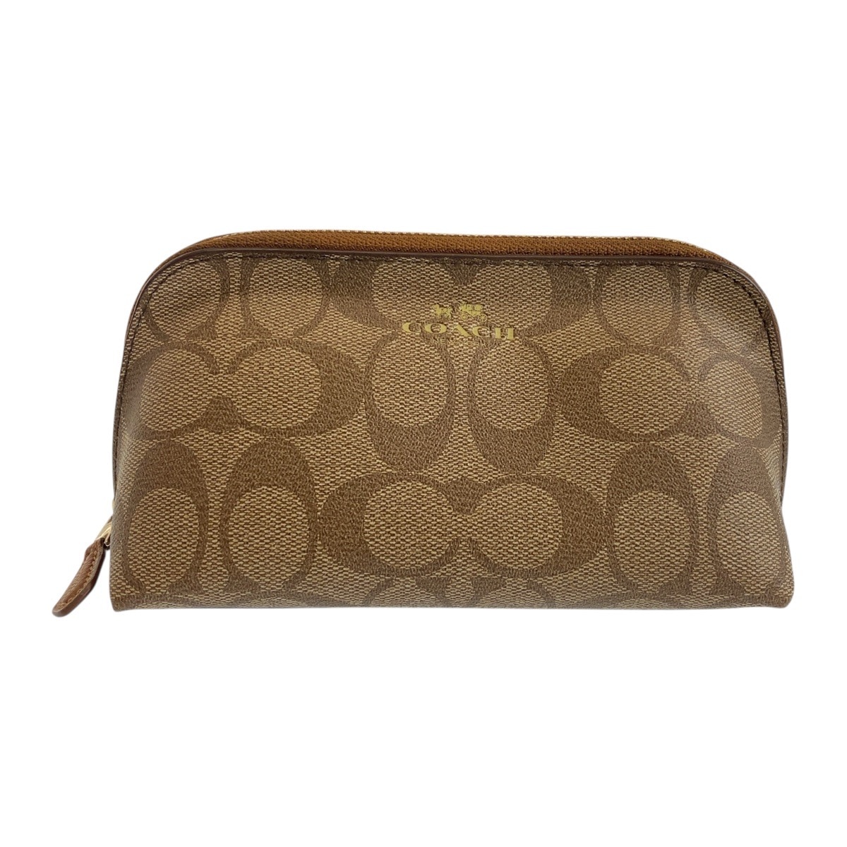 美品 シグネチャー ベージュ キャメル ゴールド金具 PVC F53385 ポーチ 化粧ポーチ レディース 504229