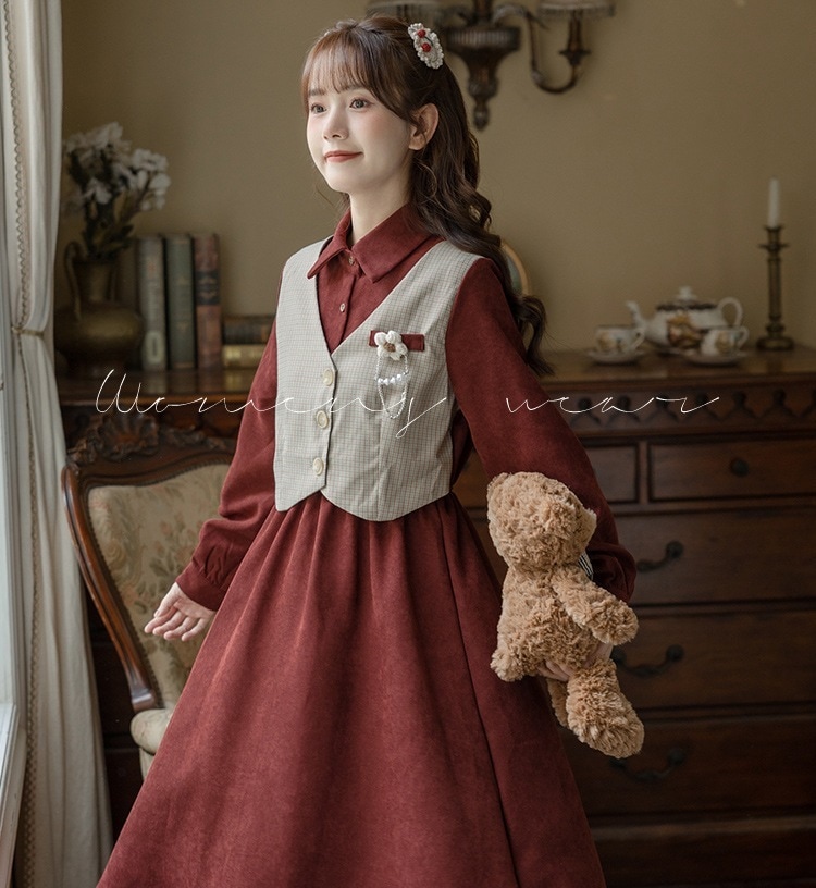 シャツワンピース ベスト ミモレ丈 袖あり 長袖 ドッキング デザイン 美ライン ニュアンス かわいい 大人可愛い きれいめ シンプル カジュアル 大人 上品 おしゃれ お洒落 大人可愛い 大人女子